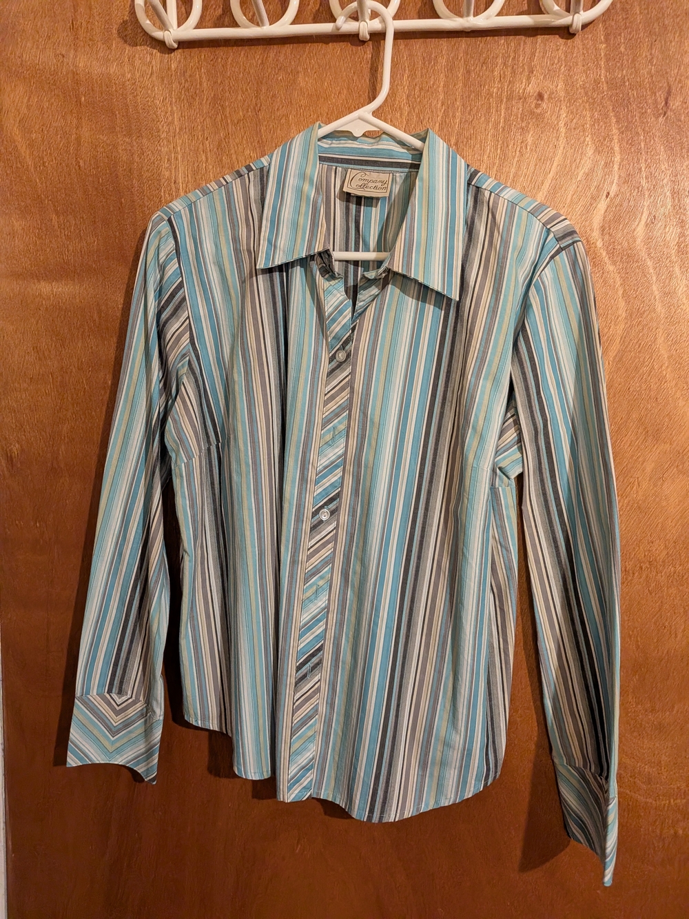 Women's Striped Button-Up Shirt in Teal and Gray - Classic Fit